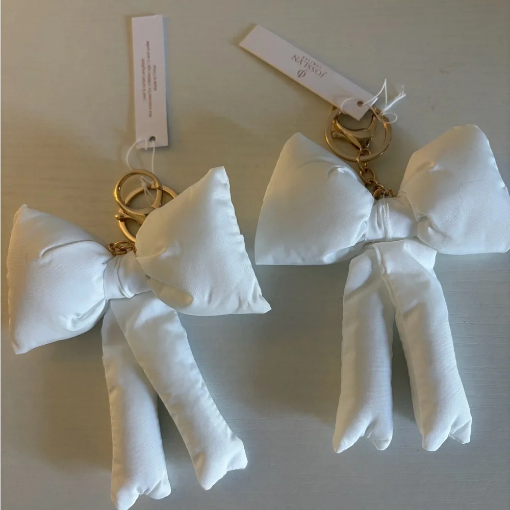 Josslyn White Puffy Bow Keychain/ Purse Charm with Gold Accents x2